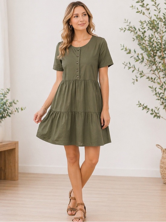 Madewell Dresses & Skirts - Madewell Olive Green Tiered Cotton Button-Front Babydoll Mini Dress XS